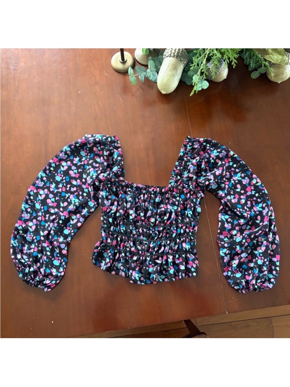Leyden Long Sleeve Smocked Crop Top with Minor Thread Pulls